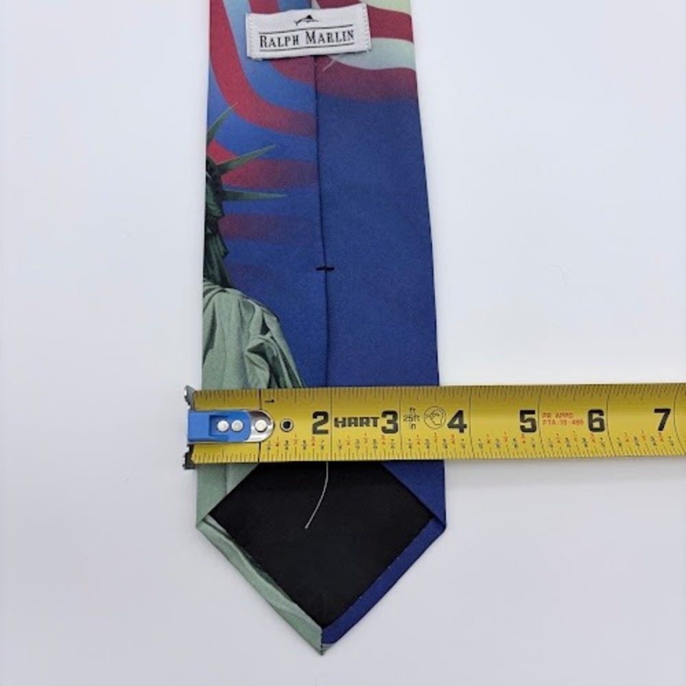 VTG Ralph Marlin Necktie Mens OS Blue Flag Statue of Liberty Fireworks 1999 USA - Picture 2 of 4